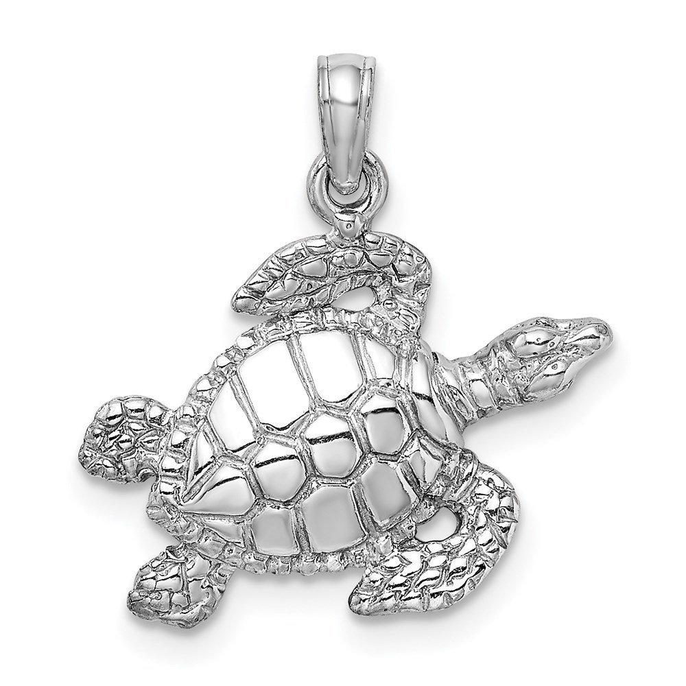 14K White Gold Textured Sea Turtle Necklace Charm Pendant